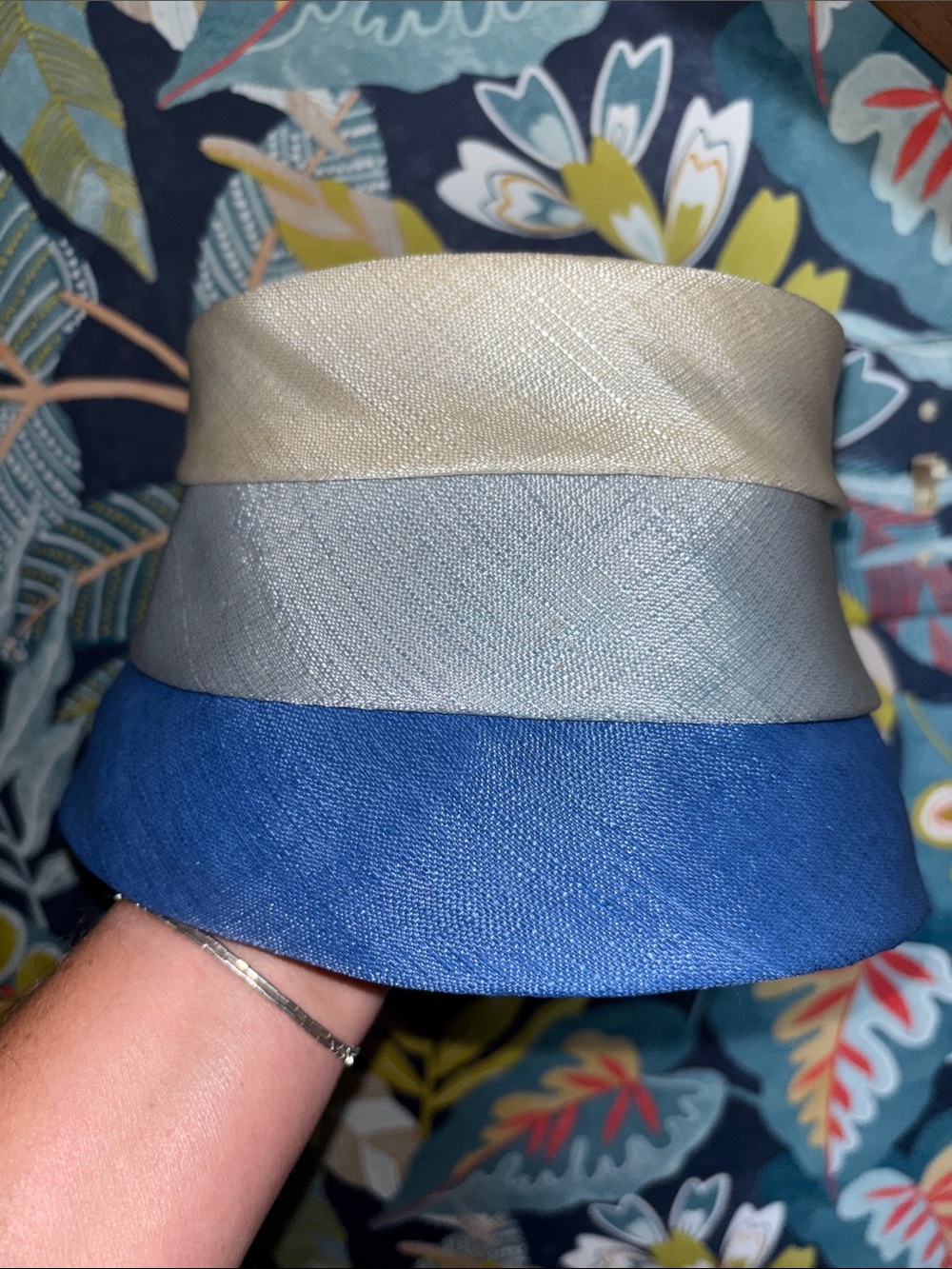 Vintage ladies dressy Three-Tone Bucket Hat in Blue, Silver & Cream